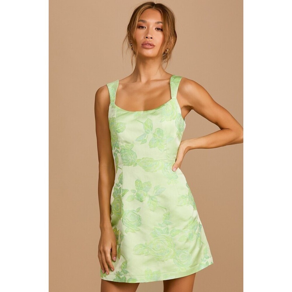 Lulus Brighter Side Light Green Floral Satin Jacquard Mini Dress - Size M